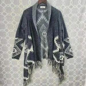 Elan Wool Women's Size S Sweater Cardigan Open Front Aztec Fringe Hem